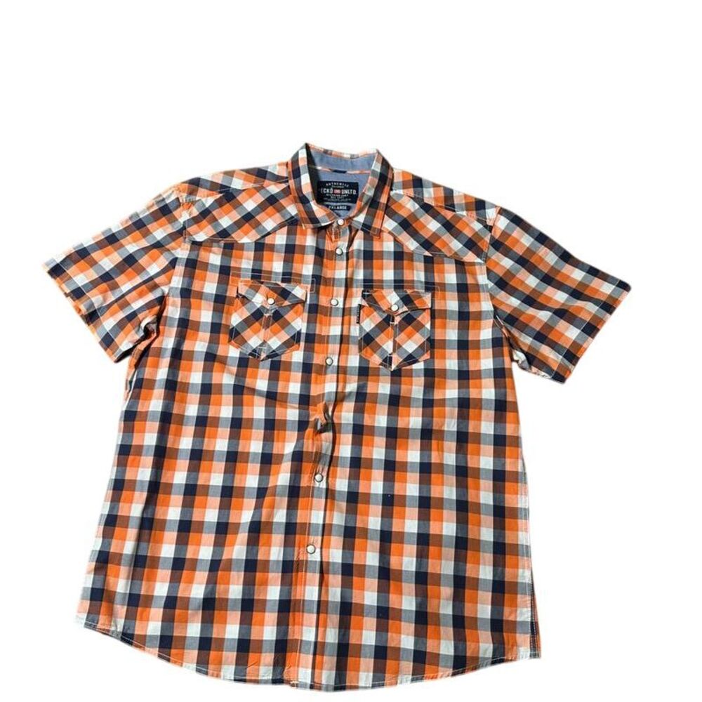 Ecko‎ Unltd Mens Shirt Sz 2XL Orange Blue Plaid Pearl Snap Short Sleeve
